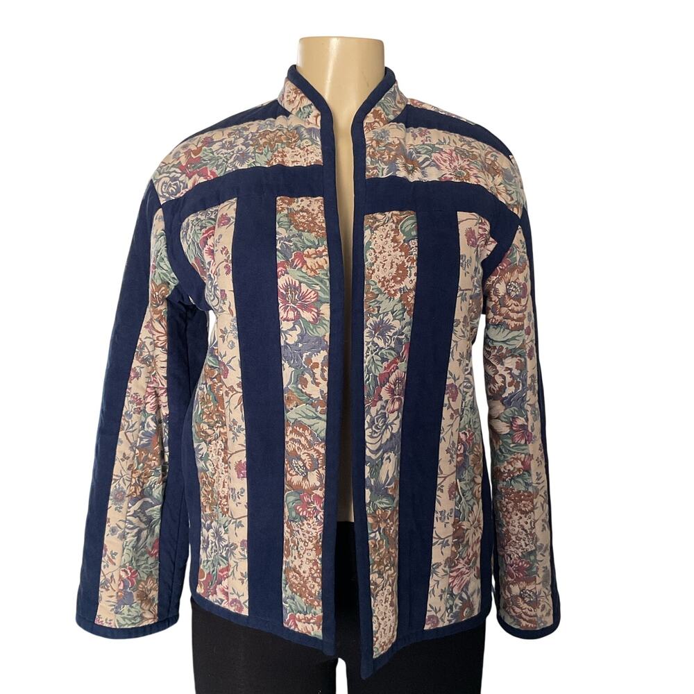 Vintage Floral Quilted Jacket Blue Striped Boho Cottagecore Women’s Size M